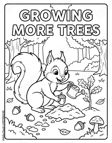 Earth day coloring page of a happy squirrel is shown planting an acorn into soft dirt