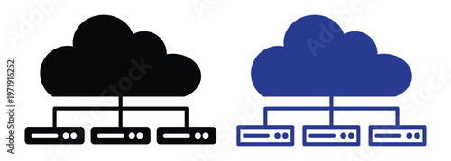 Cloud server cluster icon with network nodes and data center storage.