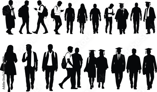 Collection of student and graduate silhouettes, walking people with backpacks and gowns, education lifestyle vector set isolated on white background