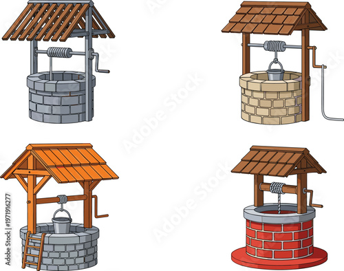 Water Well Collection with Wooden and Brick Well Structures in Different Styles for Rural Illustration, Architecture Design, and Village Scene Collection