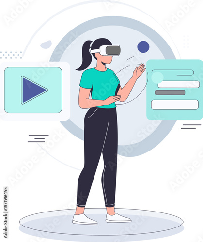 Woman Exploring Immersive Virtual Reality World, Engaging with Digital Content and Future Technology in a Metaverse Concept for Enhanced User Experience and Connectivity