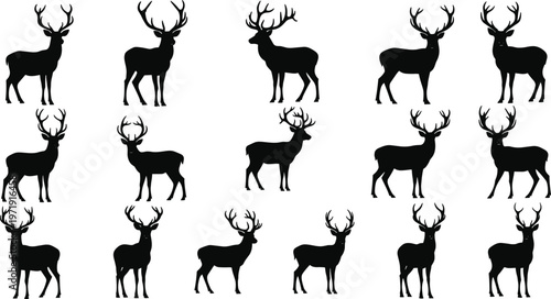 Deer silhouettes collection with stag poses, wild animal vector set, black illustration of forest wildlife isolated for design use