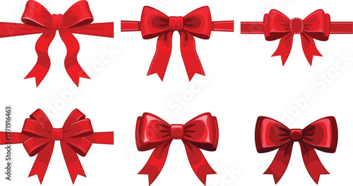 Red Ribbon Bow Set with Decorative Gift Bows and Horizontal Ribbon Elements for Holiday Design, Packaging Decoration, and Festive Illustration Collection