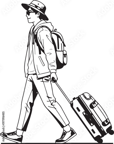 A traveler walking with a suitcase and backpack on a journey sketch vector illustration
