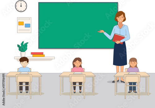 A dedicated teacher instructs attentive students in a well-lit classroom setting, fostering a positive learning environment