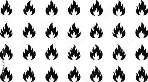 Fire flame silhouettes set, burning icons with heat and energy concept, black vector illustration of flames isolated for design
