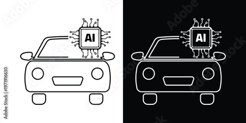 AI microchip car icon set. Front view autonomous vehicle symbols with wireless radar signals and processor chip in outline. 