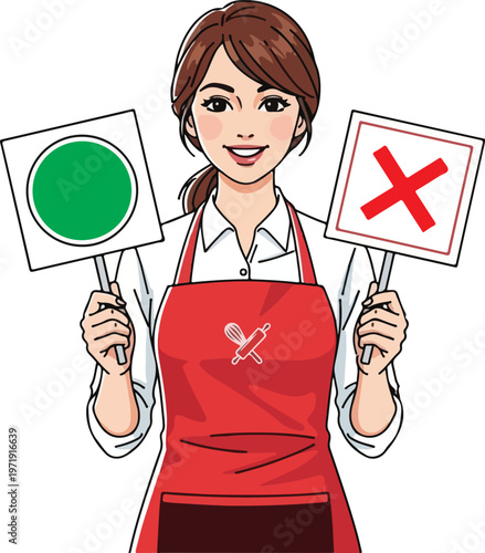 Waitress holding approval and disapproval signs sketch vector illustration