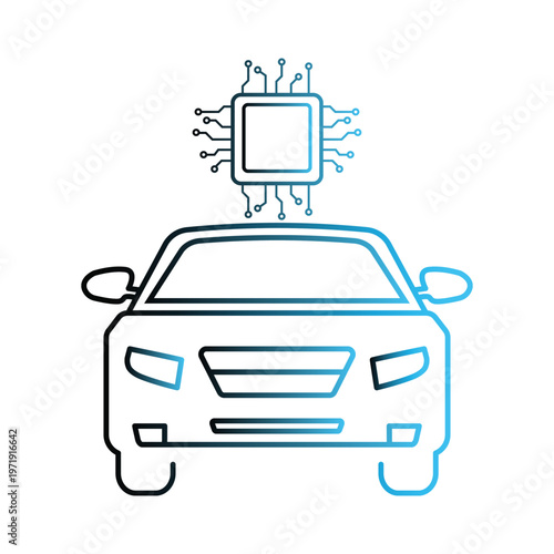 AI car microchip icon set. Front view autonomous self driving vehicle with processor chip in outline line art styles on white background.