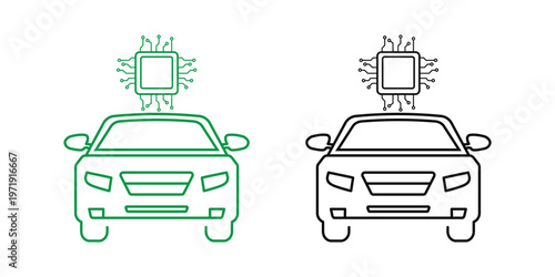Car microchip icon set. Front view autonomous self driving driverless vehicle with AI processor chip in outline line art styles on white background.