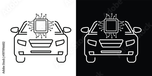 Smart car processor icon set with AI chip and internal computer circuit.