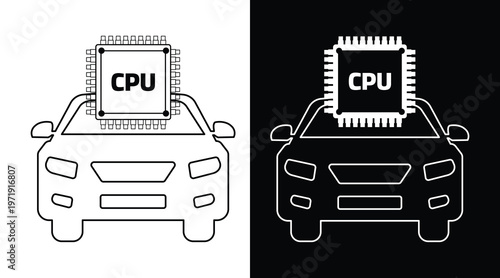 Car microchip icon set. Front view autonomous self driving driverless vehicle with AI processor chip in outline line art styles on white background.