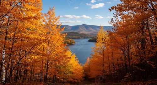 Autumn landscape featuring a lake and colorful trees under a blue sky