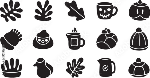 Halloween-themed icons featuring autumnal and spooky elements in black and white sketch vector illustration