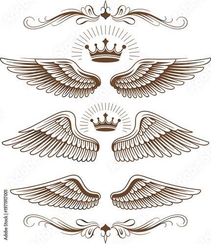 Heraldic wing silhouettes set with royal crown and vintage divider, imperial emblem isolated vector design