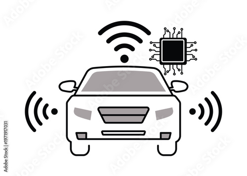 Autonomous Car Processor Chip and Circuit Board Icon Set Driverless Vehicle Technology Symbol.
