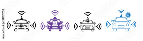 AI Autonomous Car Icon set with Microchip Smart Vehicle Technology Symbol for Self Driving System and Future Mobility Interface Design.