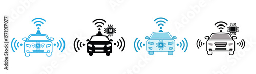 Self-Driving Car Icon Set with AI Chip and Wireless Signal Outline and Solid Style Vector Illustration.