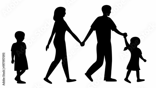 Family walking together parents with kids in black silhouette vector illustration