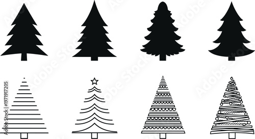 Modern Christmas tree silhouettes and decorative line art styles set including abstract festive evergreen designs for holiday vector illustration