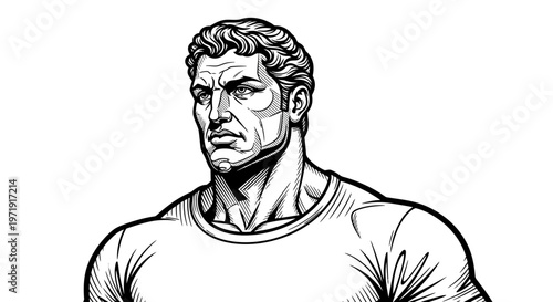 Muscular Man Portrait, Comic Book Style, Black and White Illustration