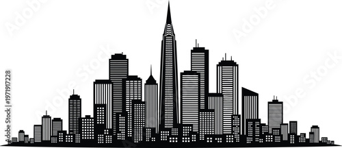 Modern city skyline silhouette with skyscrapers, urban architecture vector illustration, black cityscape design isolated for travel, business and metropolitan concept