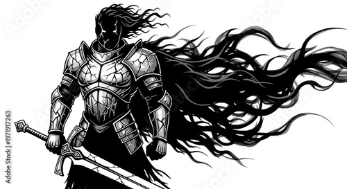 Mysterious Warrior with Flowing Dark Cape and Sword