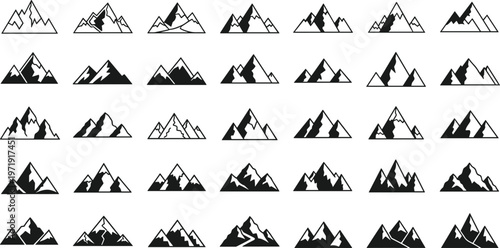Mountain silhouettes collection with various peak shapes, black vector illustration of nature landscapes, alpine mountains isolated for outdoor and travel