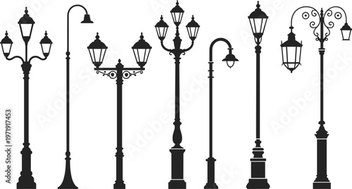 Vintage street lamp silhouettes set with classic wrought iron lanterns, urban city lighting isolated vector design