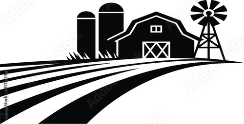 Rural farm landscape silhouette with barn, silo and windmill, agriculture countryside field isolated vector design