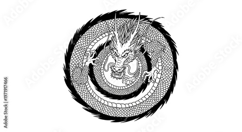 Mythical Dragon Encircling Energy Symbol, Black and White Illustration