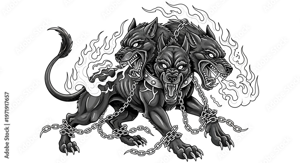 Photography Poster Mythological Cerberus Dog, Three Heads, Fire