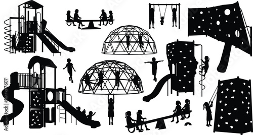 Playground silhouettes set with children playing on slides, swings and climbing frames, black vector illustration of outdoor kids activity
