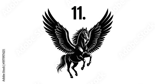 Mythological Black Pegasus Horse with Wings and Number 11