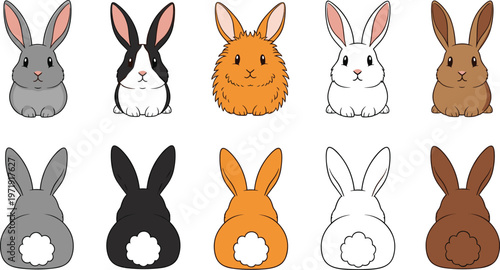 Cute Bunny Front and Back View Set with Different Rabbit Colors in Cartoon Style for Animal Illustration, Kids Design, and Pet Collection