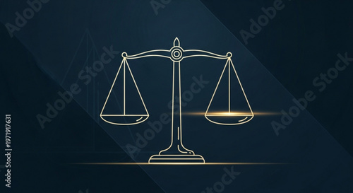 Golden scales of justice with glowing lines on dark background symbolizing law balance and fairness in a sleek modern design