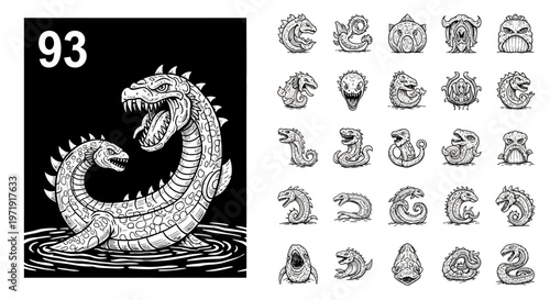 Mythical Sea Serpent Creature Collection, Fantasy Monsters, Black and White Illustration