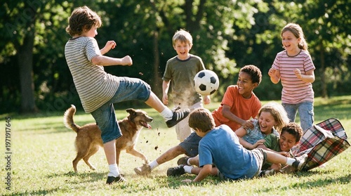 Children Playing Soccer with a Dog at a Picnic in a Park
