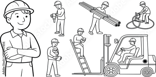 Construction worker characters set with builder, forklift driver and engineer, industrial site workers isolated vector design
