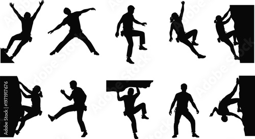 Rock climbing silhouettes set, climbers scaling wall in dynamic poses, adventure sport vector illustration isolated for outdoor activity design