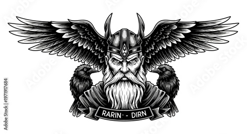 Mythological Viking Warrior with Wings and Ravens, Norse Mythology Symbol