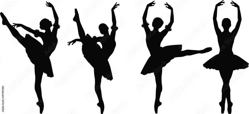 Fototapeta premium Set of elegant ballet dancer silhouettes in dynamic poses, classical ballerina movements isolated on white background, minimal artistic vector illustration