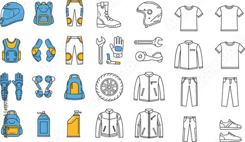 Biker Equipment and Motorcycle Gear Vector Icon Set Featuring Helmet Protective Jackets Boots Gloves Backpacks and Maintenance Tools for Racing and Road Safety