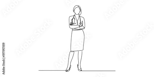 Continuous line drawing of a professional female doctor standing with arms crossed at her chest Vector, illustration