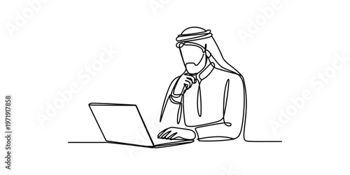 Continuous line drawing of an arab man working on his laptop while thinking about a new project Vector, illustration