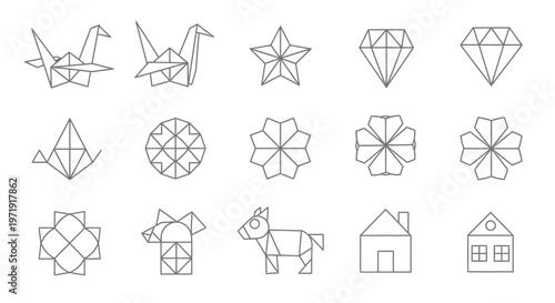 Origami Geometric Shapes Collection: Crane, Star, Diamond, Flower, Dog, House