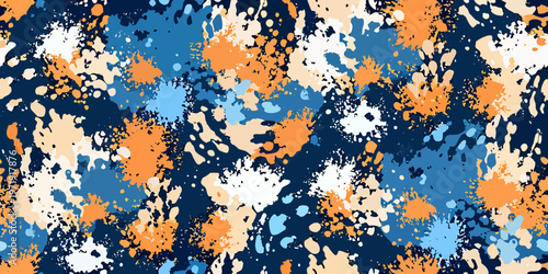 Abstract splash pattern with vibrant shades of orange blue and white