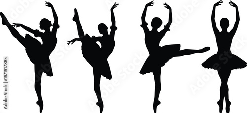 Set of elegant ballet dancer silhouettes in dynamic poses, classical ballerina movements isolated on white background, minimal artistic vector illustration