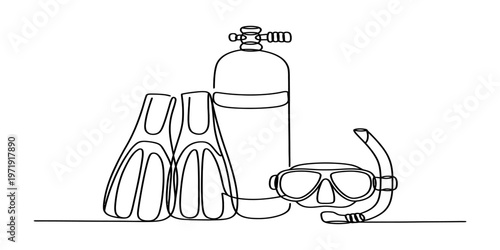 A continuous line drawing depicting a set of essential scuba diving equipment on a white background Vector, illustration