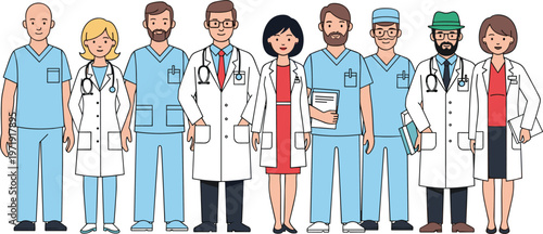 Medical Team Illustration with Doctors, Nurses, and Healthcare Professionals in Uniform for Hospital Staff Design, Clinical Services, and Healthcare Collection